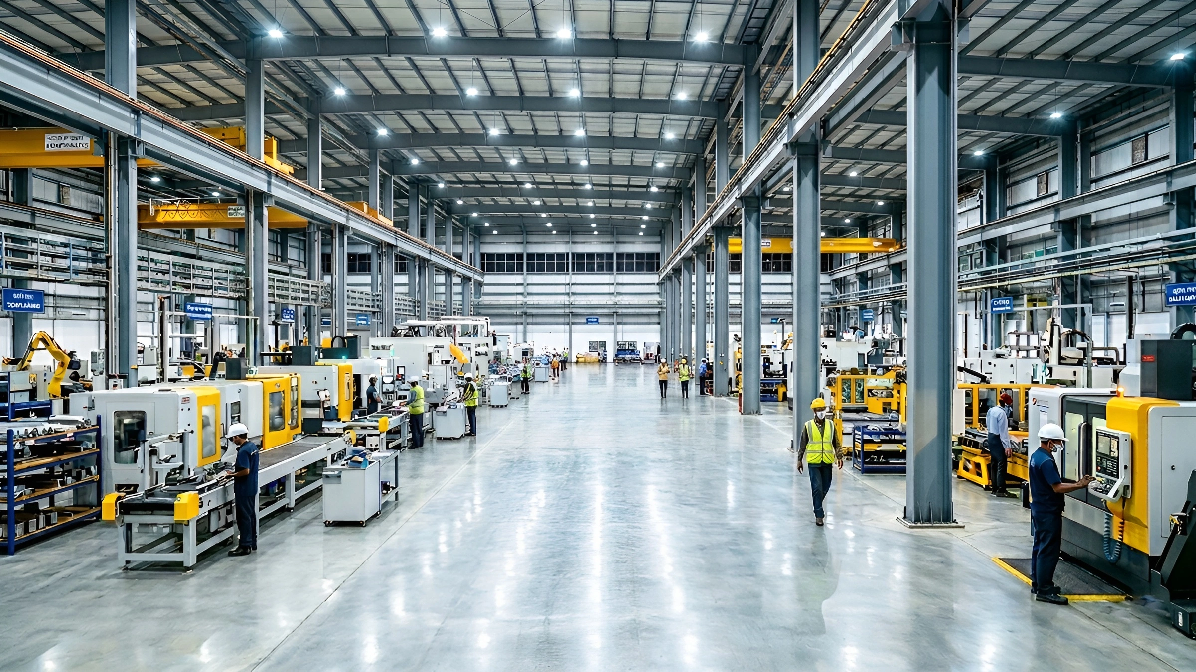 High-end Indian industrial plant with 15m high-bay LED lighting and polished concrete floors.
