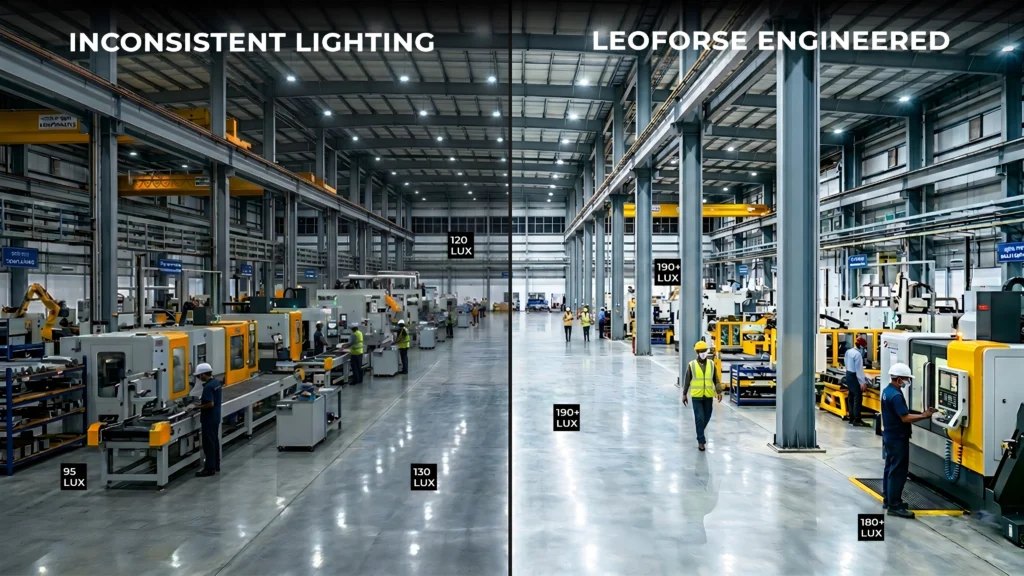 Technical comparison of inconsistent lighting vs uniform Leoforse engineered lighting distribution.