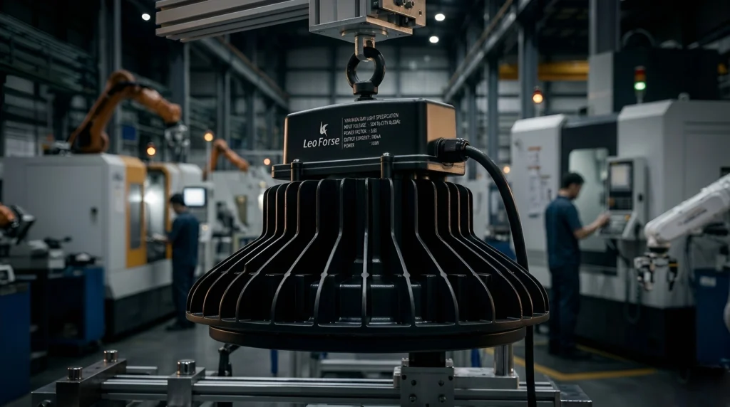 Leoforse LED high-bay black aluminum cooling fins for thermal management.