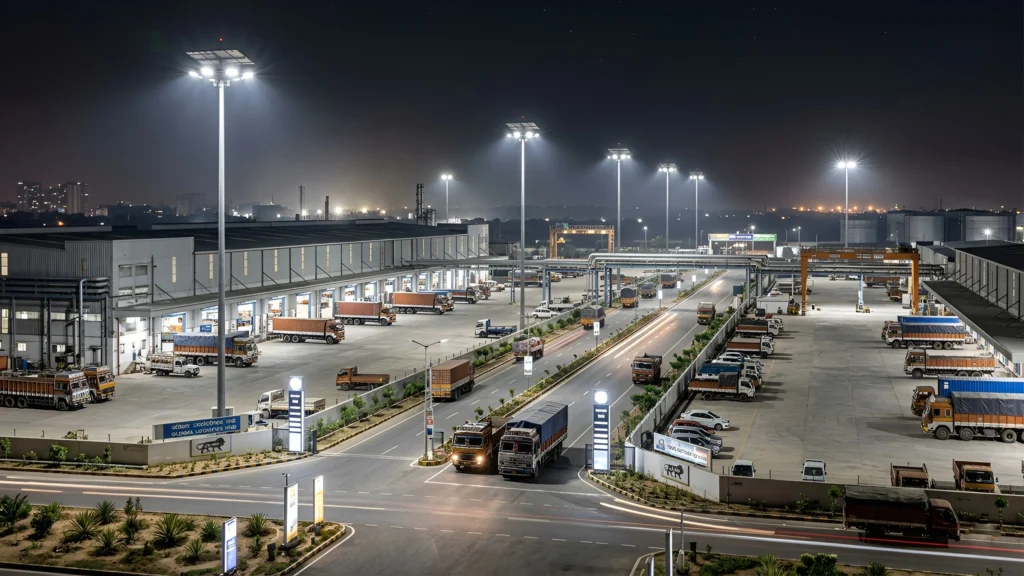 High-mast LED lighting stadiums hospitals smart cities India industrial logistics park at night