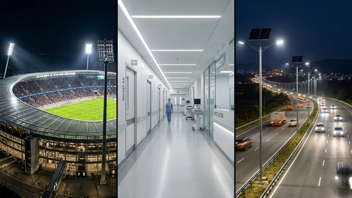 ED stadium lighting and hospital clean room panels, Solar Street Lights India