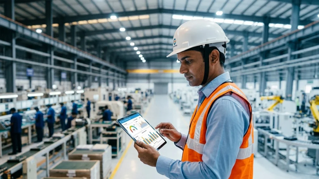 Wide-angle view of a well-lit modern manufacturing plant and assembly line used for an industrial lighting audit benchmark mapping.