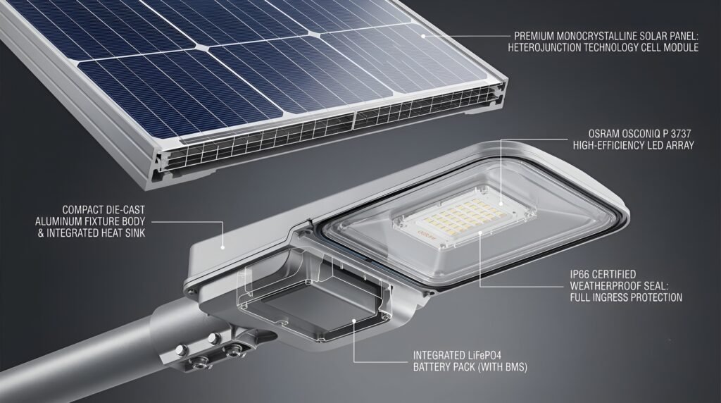 High-efficiency solar or grid street lighting fixture mechanics