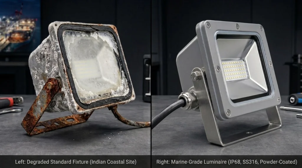 Corroded fixture vs marine grade coastal industrial LED lighting corrosion India comparison